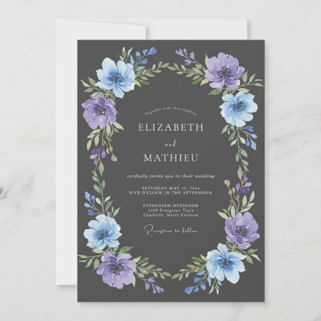 Invitation Mariage Floral Fleurissant Bleu Lavande (Devant)
