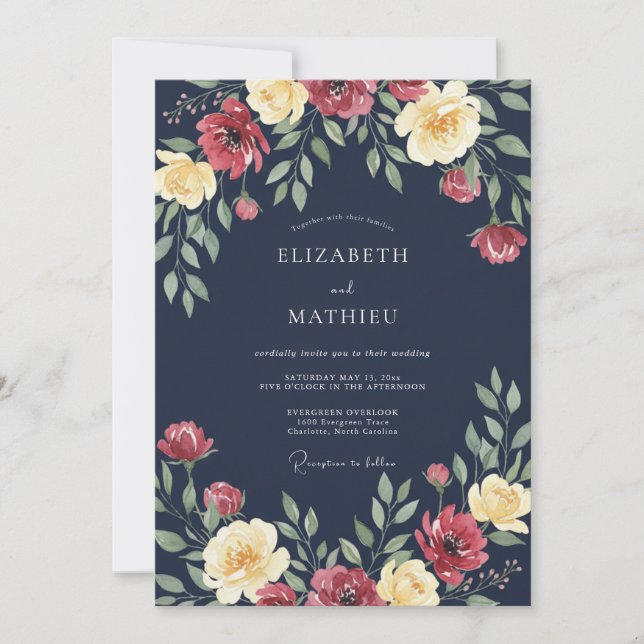 Invitation Mariage Floral Fleurissant Bleu Marine (Devant)