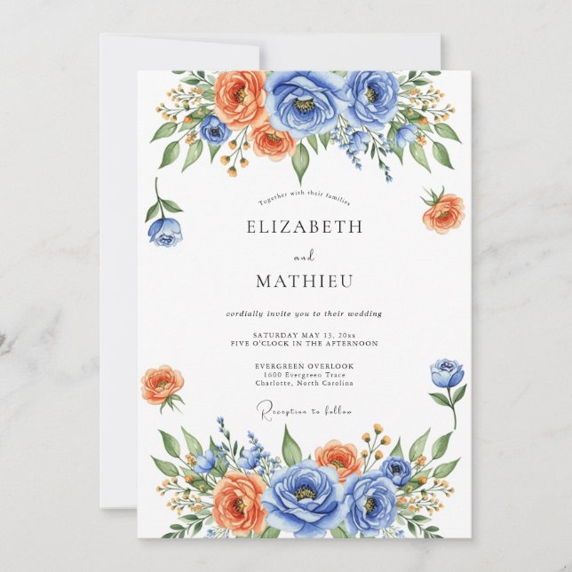 Invitation Mariage Floral Fleurissant Bleu Orange (Devant)