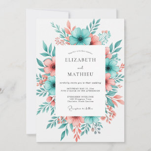 Invitation Mariage Floral Fleurissant Corail Sarcelle