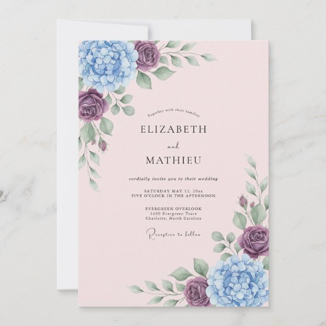 Invitation Mariage Floral Fleurissant Pervenche (Devant)