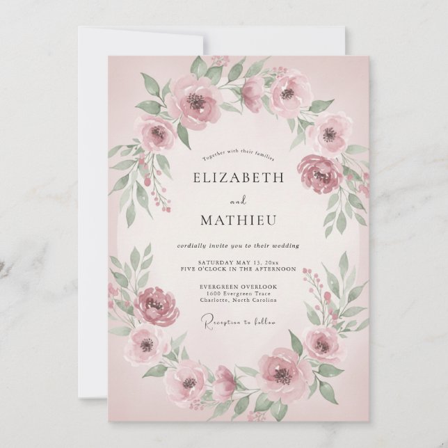 Invitation Mariage Floral Fleurissant Rose Poussiéreuse (Devant)