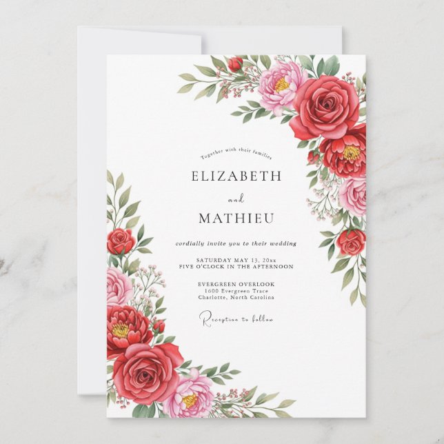 Invitation Mariage Floral Fleurissant Rose Rouge (Devant)