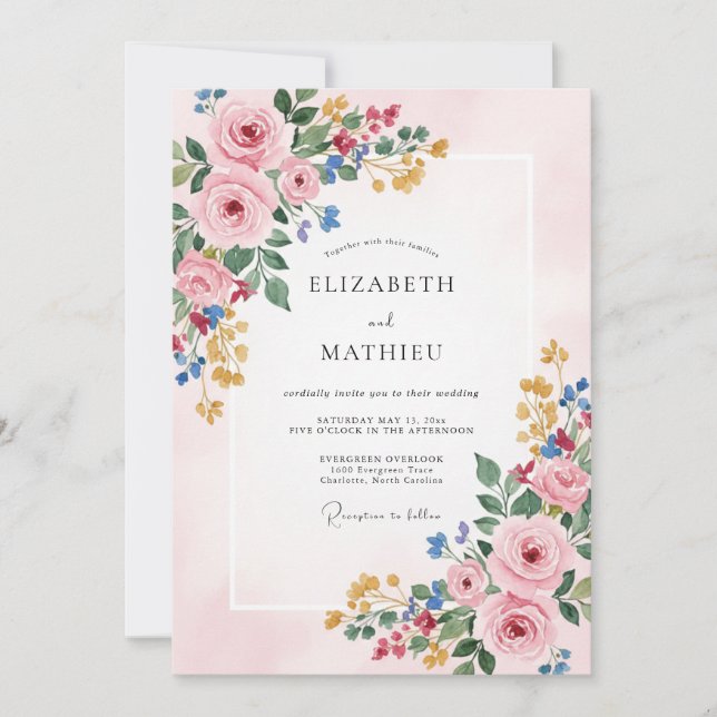 Invitation Mariage Floral Fleurissant Rose Tendre (Devant)