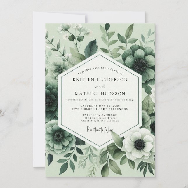 Invitation Mariage Floral Fleurissant Sage (Devant)