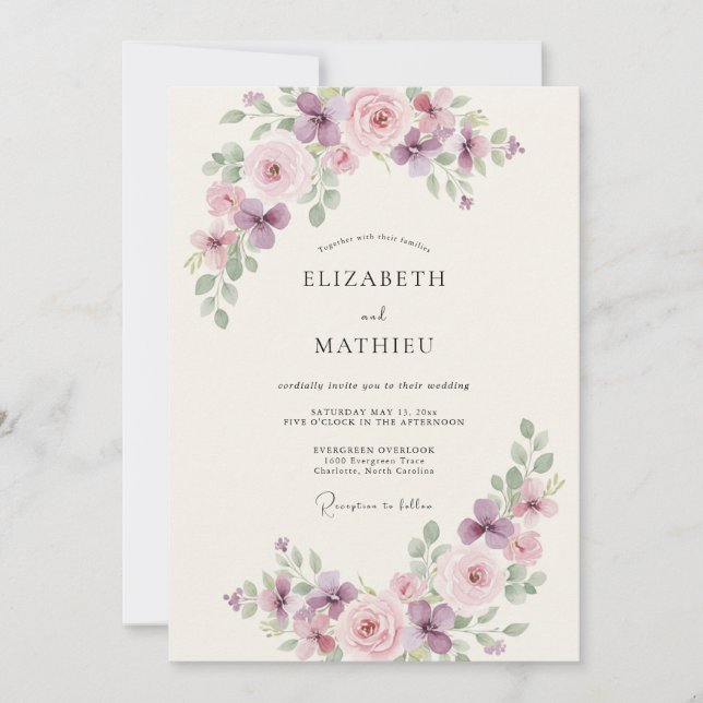Invitation Mariage Floral Fleurissant Violet Pâle (Devant)