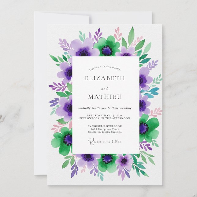Invitation Mariage Floral Fleurissant Violet Vert (Devant)