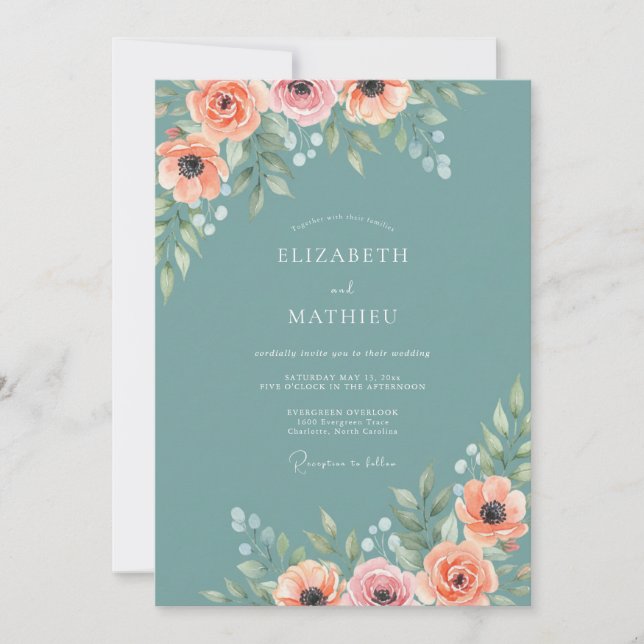 Invitation Mariage Floral Fleurissement Corail Rosé (Devant)
