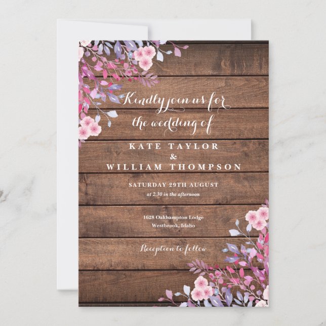 Invitation Mariage Floral Fleurs Sauvages Bois Rustique (Devant)