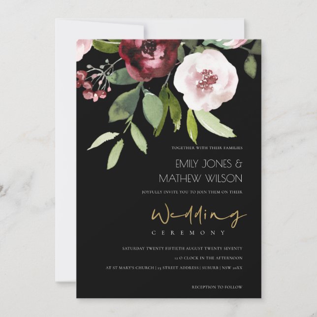 INVITATION MARIAGE FLORAL FLORAL DE LA BURGOUNDY ROSE NOIRE (Devant)