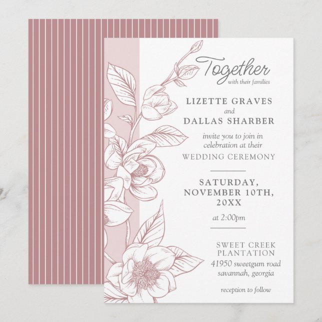 Invitation Mariage floral flush de fleurs de Magnolia méridio (Devant / Derrière)