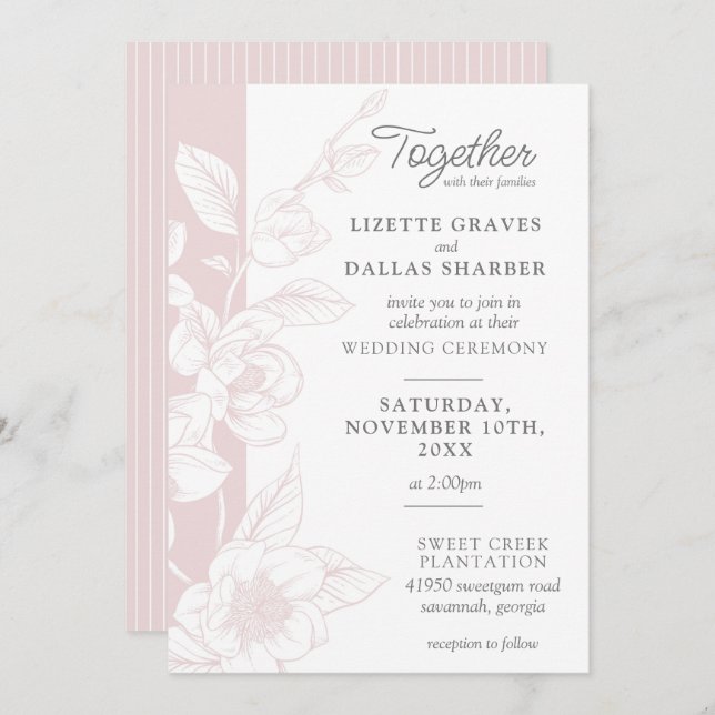 Invitation Mariage floral flush de fleurs de Magnolia méridio (Devant / Derrière)