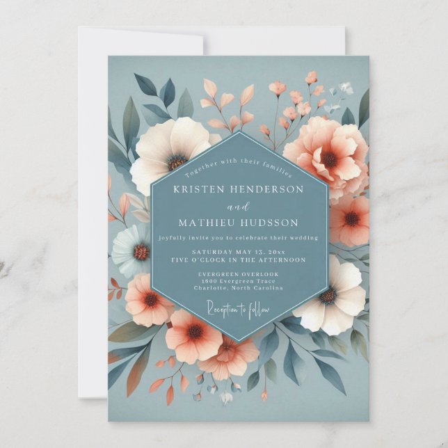 Invitation Mariage Floral Foncé aux Touches de Pêche (Devant)
