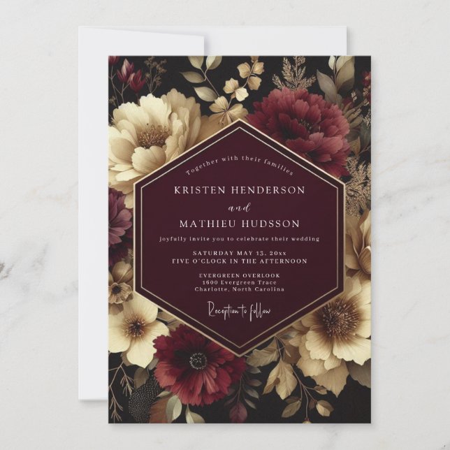 Invitation Mariage Floral Foncé Bourgogne (Devant)