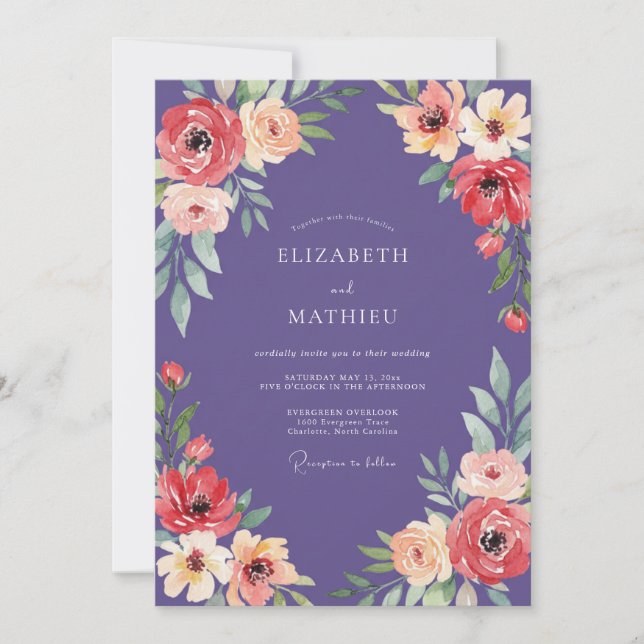 Invitation Mariage Floral Foncé de Deep Purple (Devant)