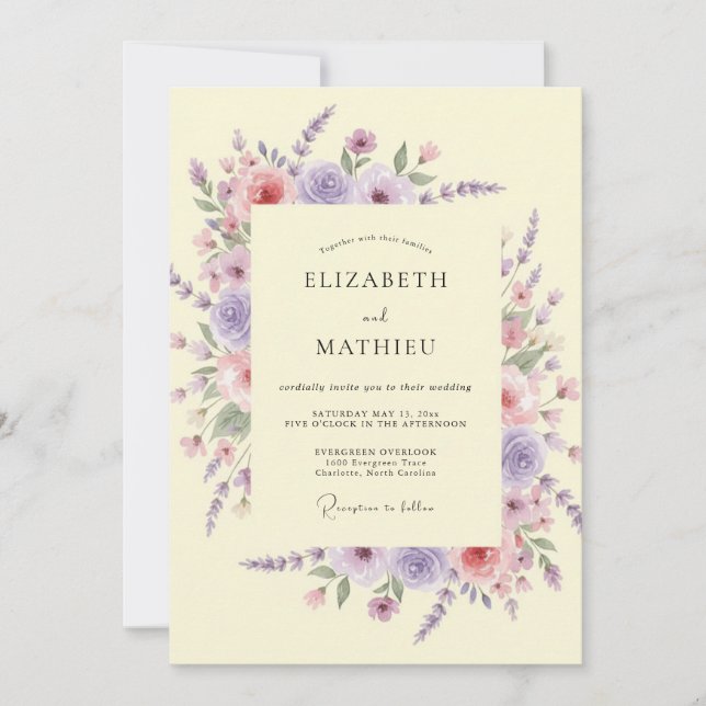 Invitation Mariage Floral Foncé de Lavande (Devant)