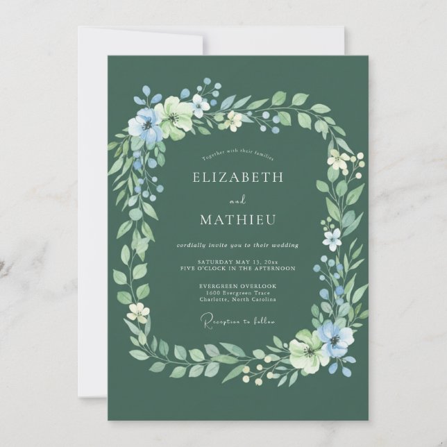 Invitation Mariage Floral Foncé de Vert Sauge (Devant)