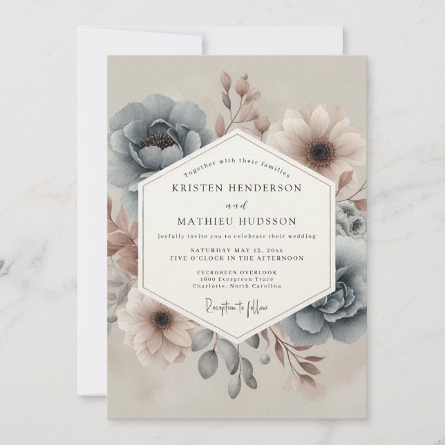 Invitation Mariage Floral Foncé et Brumeux (Devant)