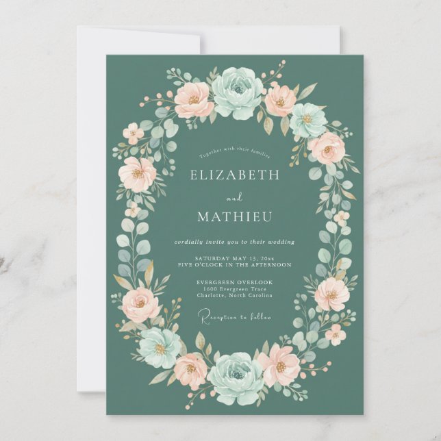Invitation Mariage Floral Foncé et Teinté de Rose (Devant)