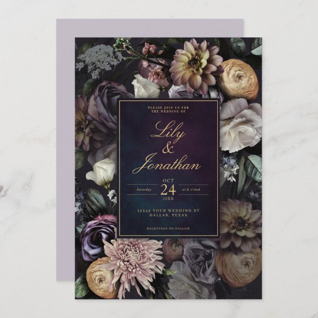 Invitation Mariage floral foncé Moody Night violet Lavande (Devant / Derrière)