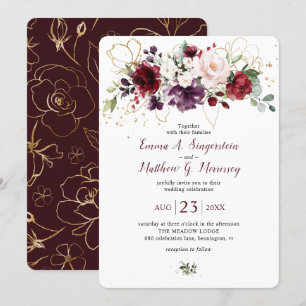 Invitation Mariage Floral Foncé Or Doré Bourgogne Vino