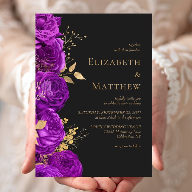 Invitation Mariage Floral Foncé Or Violet Romantique (Créateur téléchargé)