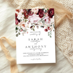 Invitation Mariage Floral Foncé Vin de Cerise et Blush