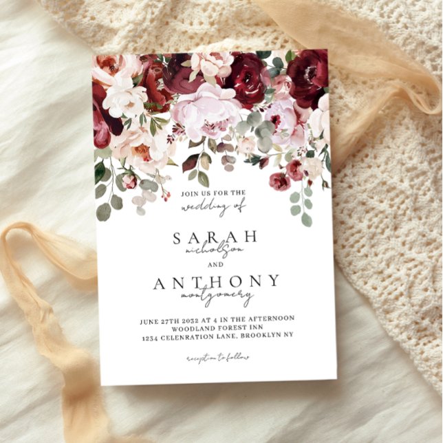 Invitation Mariage Floral Foncé Vin de Cerise et Blush (Créateur téléchargé)