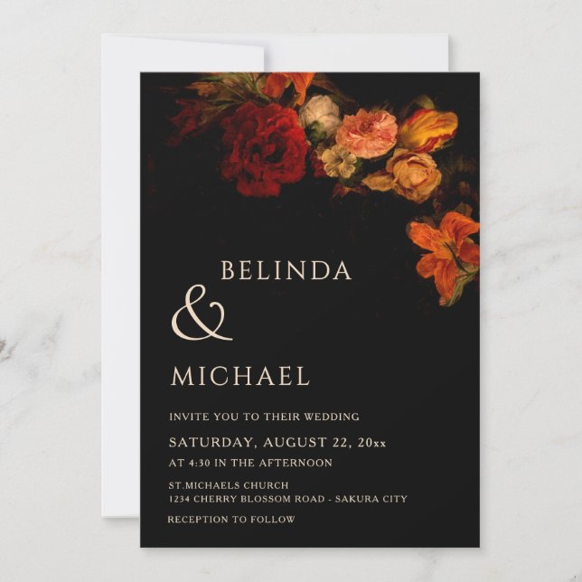 Invitation Mariage Floral Foncé Vintage (Devant)