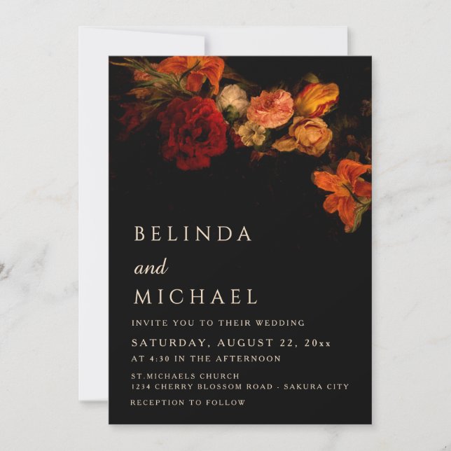 Invitation Mariage Floral Foncé Vintage (Devant)