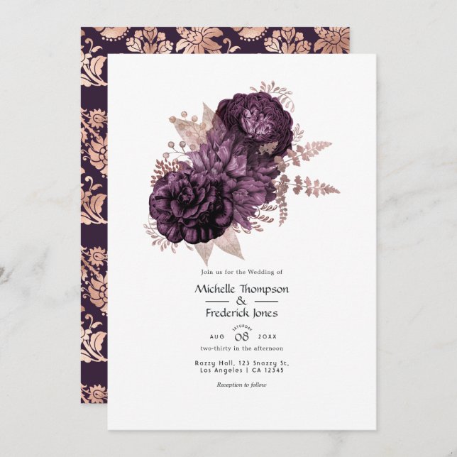 Invitation Mariage floral foncé violet et Rose or (Devant / Derrière)