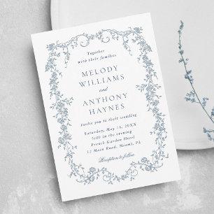 Invitation Mariage Floral Français Romantique Bleu Poussiéreu