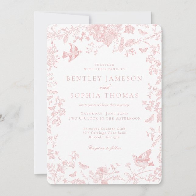 Invitation Mariage floral français Toile De Jouy rose (Devant)