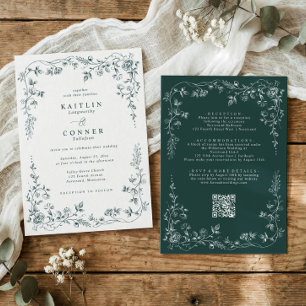 Invitation Mariage Floral Français Vintage Émeraude Vert