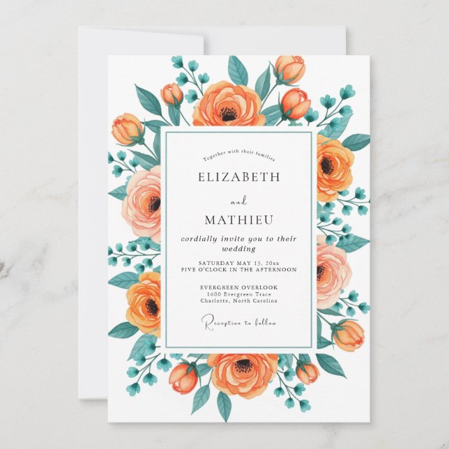 Invitation Mariage Floral Fruité de Pêche et de Teinte Bleue (Devant)