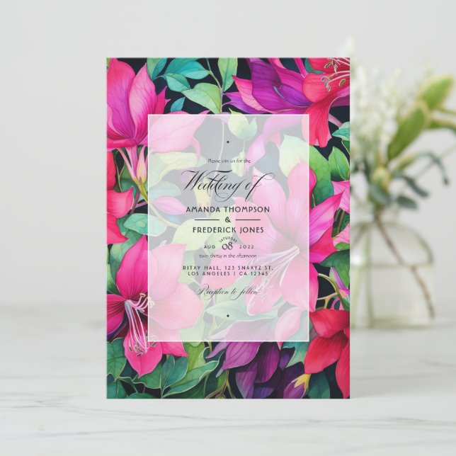 Invitation Mariage floral Fuchsia, vert émeraude et noir (Debout devant)