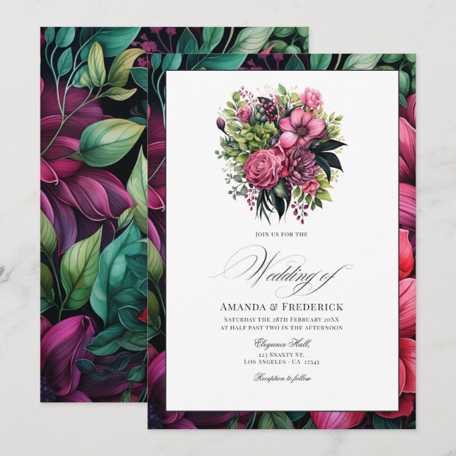 Invitation Mariage floral Fuchsia, vert émeraude et noir (Devant / Derrière)