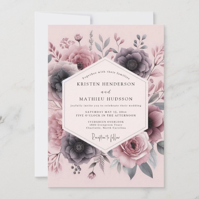 Invitation Mariage Floral Fumé Mauve (Devant)