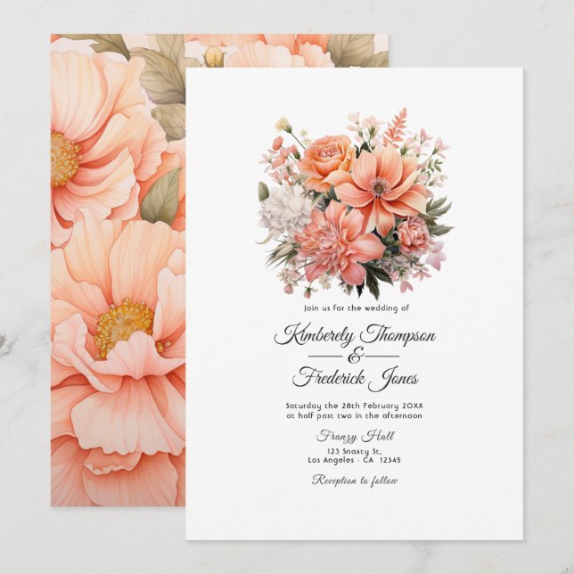 Invitation Mariage Floral Fuzz pêche (Devant / Derrière)