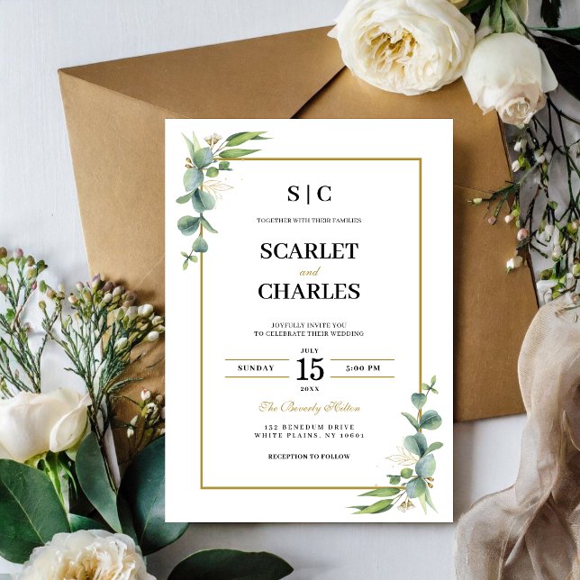 Invitation Mariage floral géométrique à feuillage d'eucalyptu (Eucalyptus greenery geometric invitation welcomes guests with modern botanical elegance.)