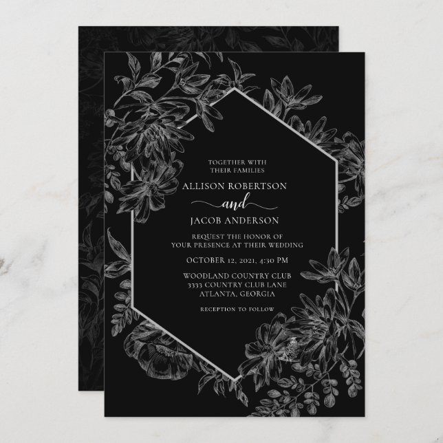 Invitation Mariage Floral Géométrique Blanc Noir Tout en un (Devant / Derrière)
