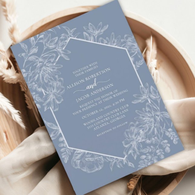 Invitation Mariage Floral Géométrique Bleu Duché Tout en un (Créateur téléchargé)