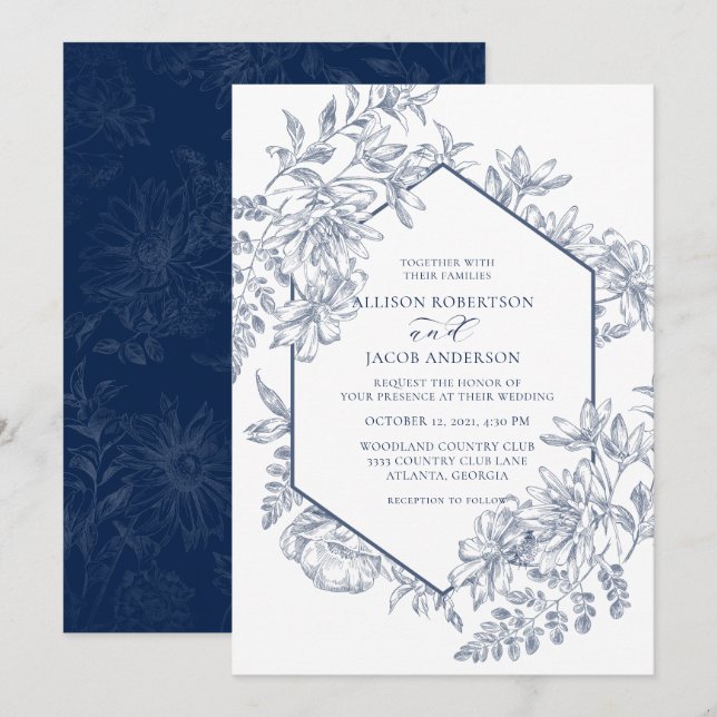Invitation Mariage floral géométrique bleu et blanc (Devant / Derrière)