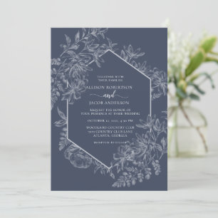 Invitation Mariage floral géométrique bleu et blanc élégant