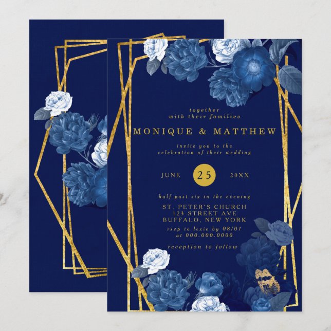 Invitation Mariage floral géométrique bleu et or (Devant / Derrière)