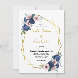 Invitation Mariage floral géométrique bleu foncé rose