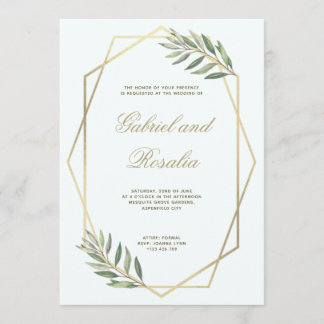 Invitation Mariage floral géométrique bordé de blanc et d'or
