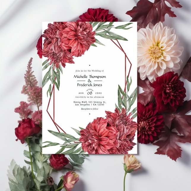 Invitation Mariage floral géométrique bordeaux et blanc (Créateur téléchargé)