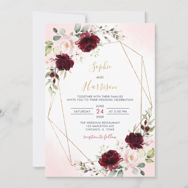 Invitation Mariage floral géométrique bordeaux et flou (Devant)