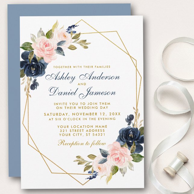 Invitation Mariage floral géométrique doré bleu rose (Customize to change text color, text style or color of back of card.)